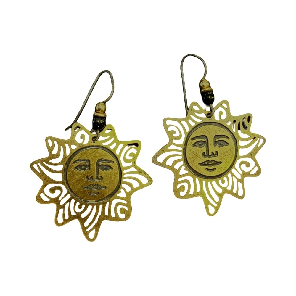 Gold-Tone Celestial Sun Face Dangle Earrings Metal - image 1